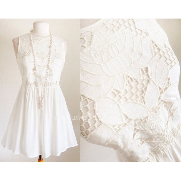 Ivory Cream Lotus Floral Embroidery Babydoll Dress - Picture 2 of 8